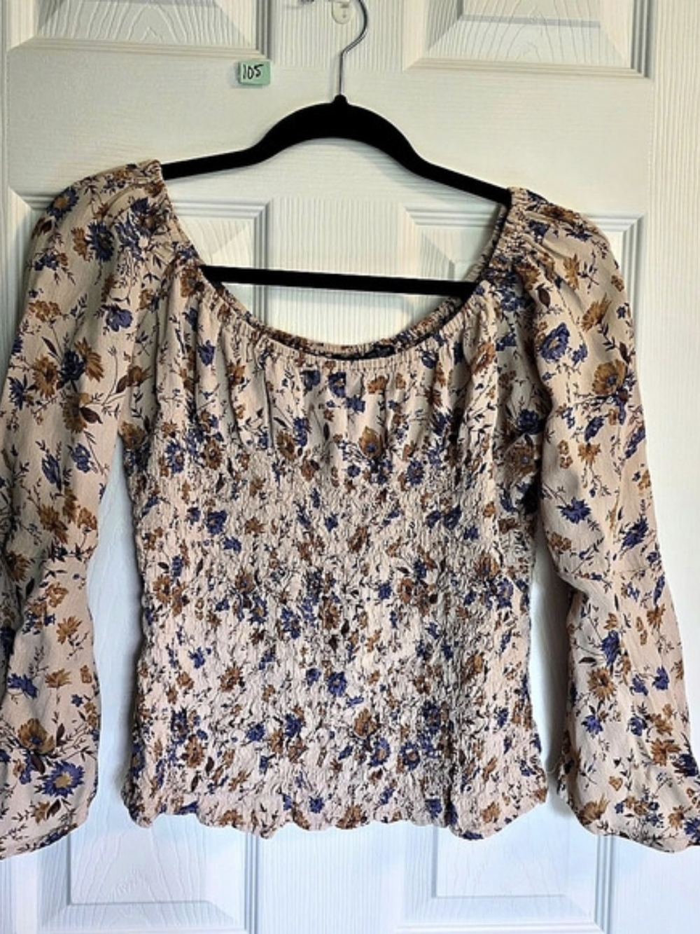 DCC Floral Smocked Blouse in Beige & Blue